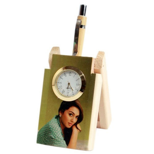 Angad Wood Brown Clock  Pen Stand_1