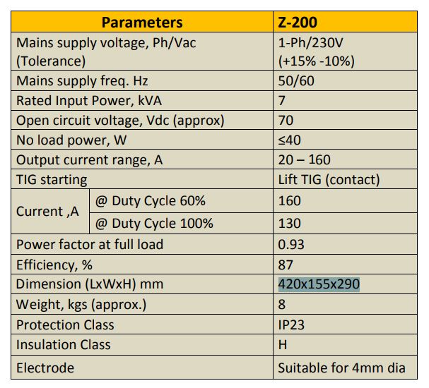 Electronica India 20 - 160 A TIG Welding Machine Z-200 230 V (+15% -10%) 100 kVA_1