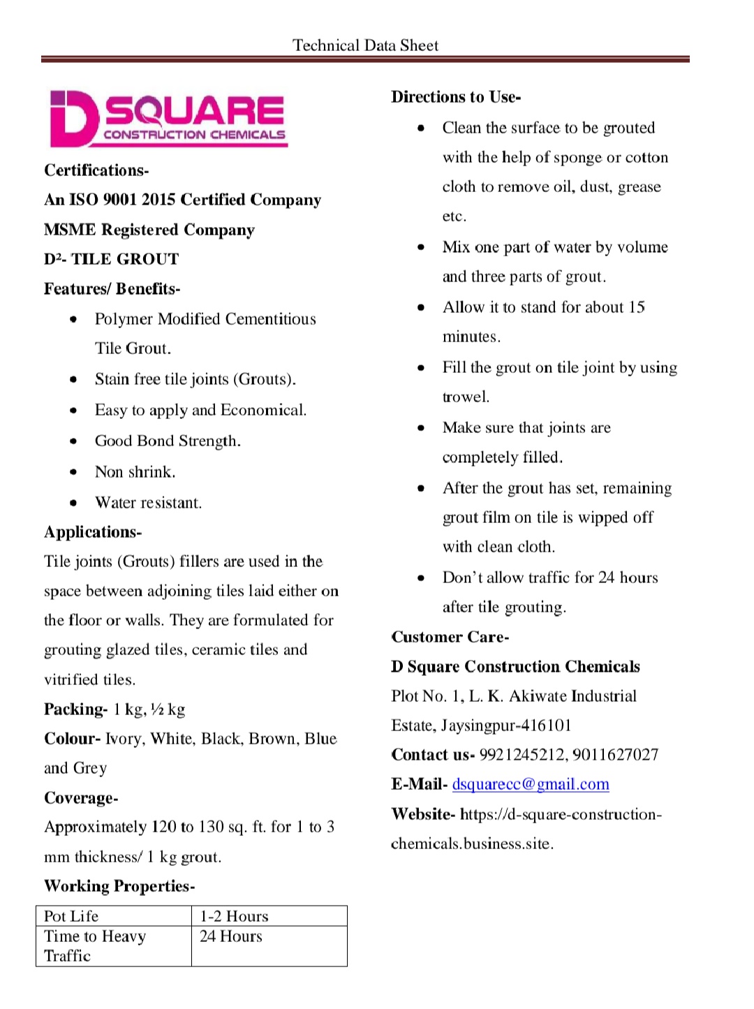 D SQUARE Polymer Modified Cementitious Tile Grout 20 kg Bag_2