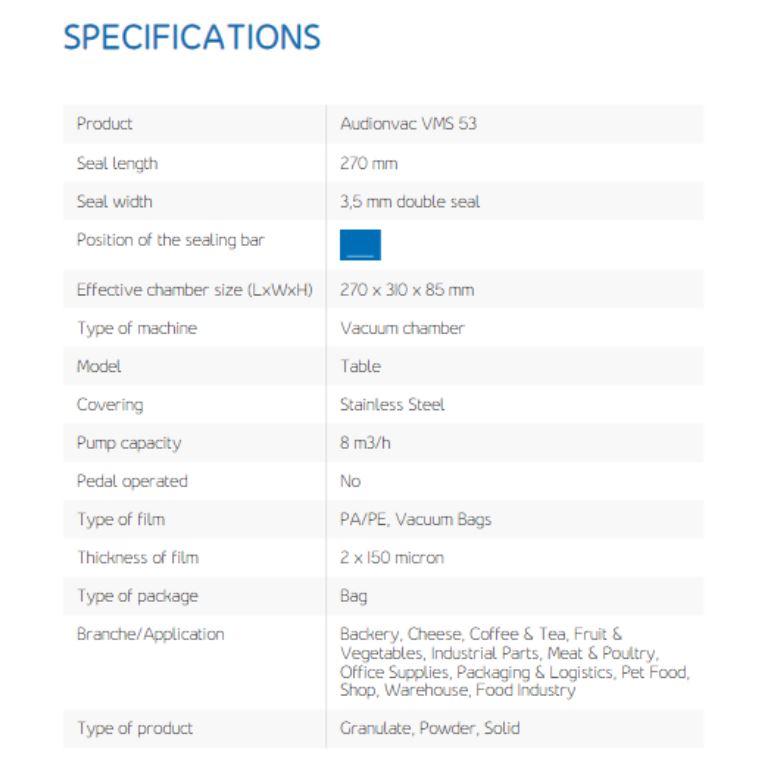 Audionvac VMS 53 Vacuum Automatic 2 kW 8 m3/hr Packaging Machine_1