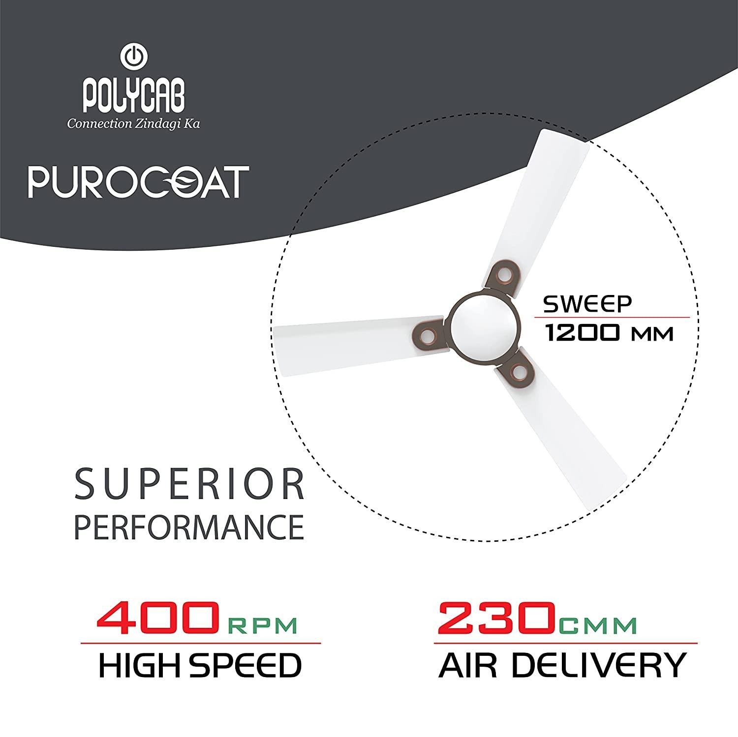 Polycab Eleganz Purocoat Premium 1200 mm 3 Blades 75 W Pearl White Ceiling Fans_4