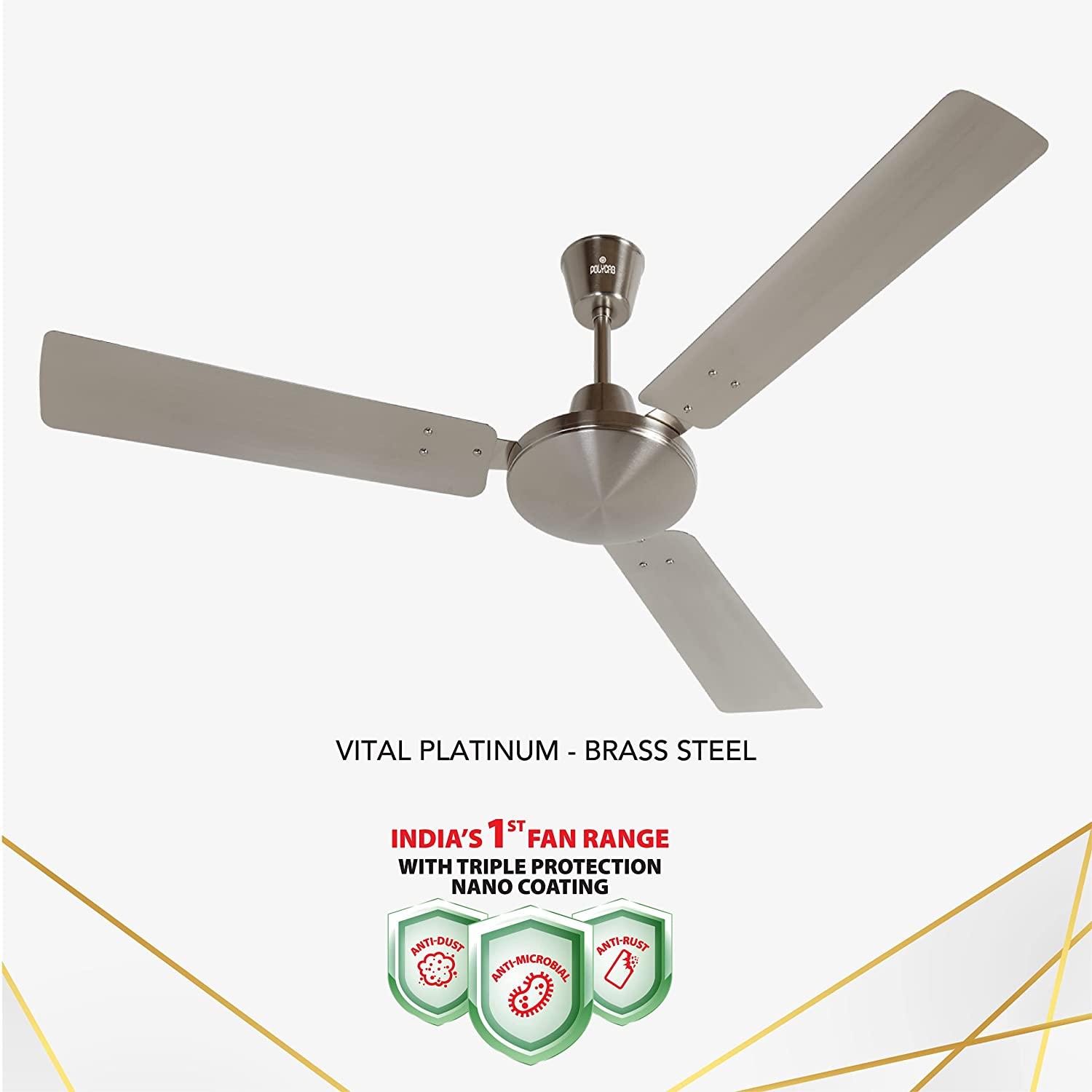 Polycab Vital 1200 mm 3 Blades 75 W Platinum Brass Steel Ceiling Fans_1