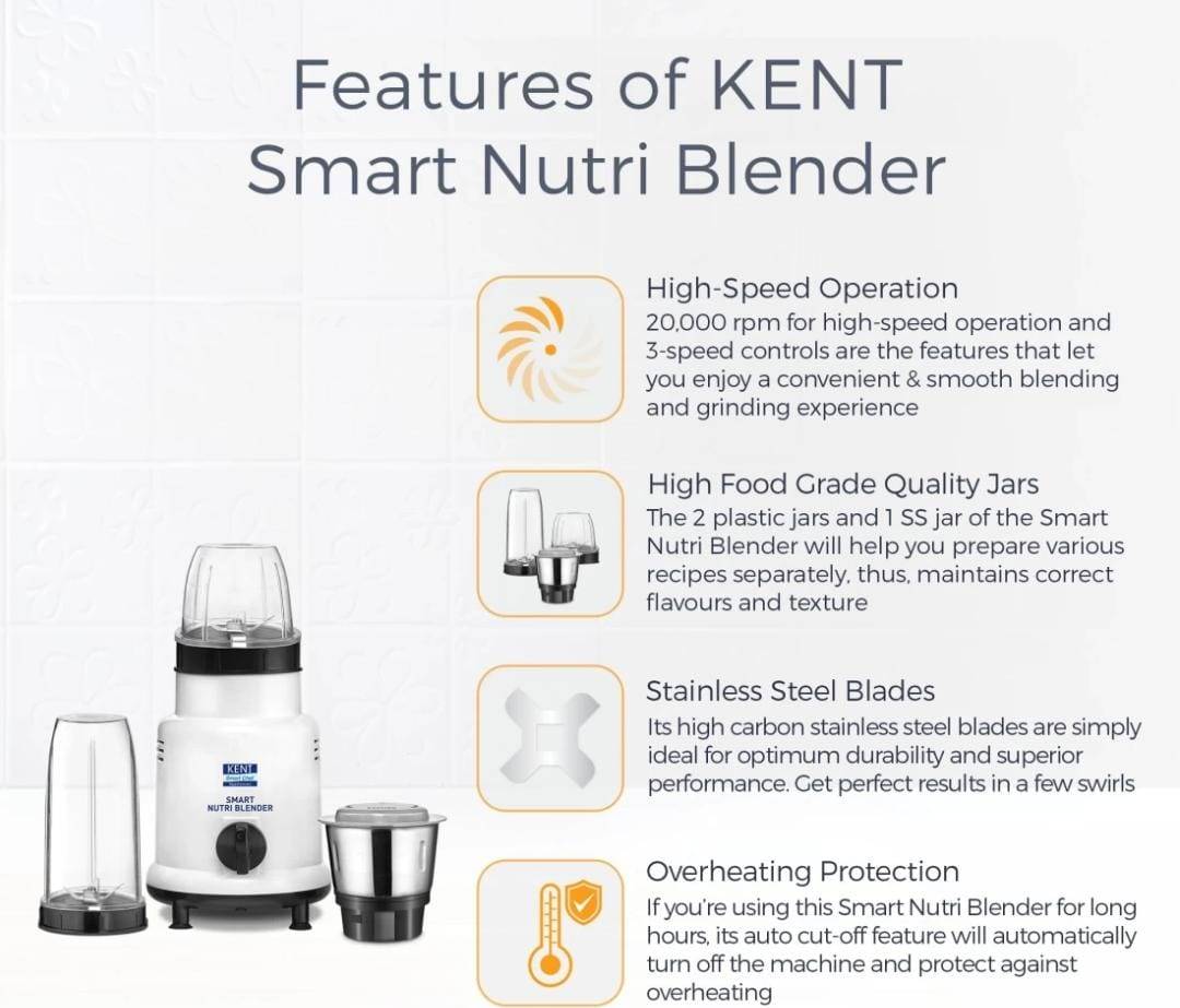 KENT Smart Nutri Blender Mixer Grinder 450 W 3 Jar White_4