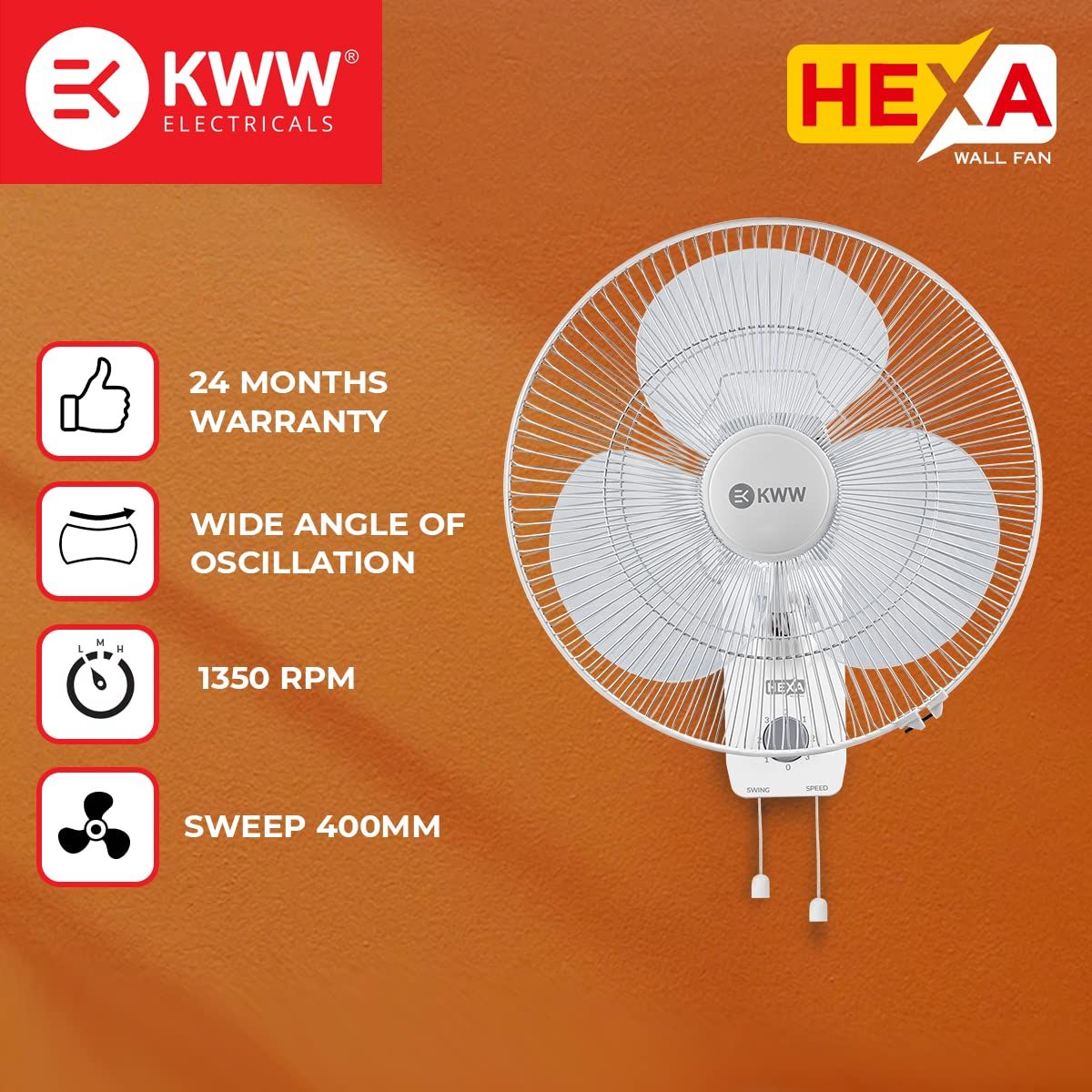 KWW HEXA WHITE 400MM WALL FAN 400 mm 3 Blades Wall Fan_4