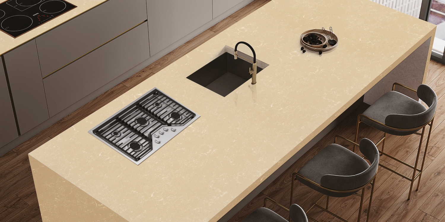 Camrola Marvel Series Light Vesuvius Leather Finish 3150 x 1450 mm Quartz Stone Slab_1