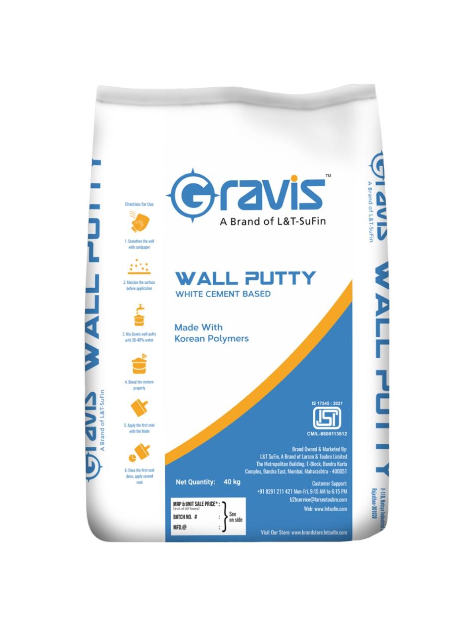 L&T SuFin Brand - Gravis Water Resistant Wall Putty 40 kg_1