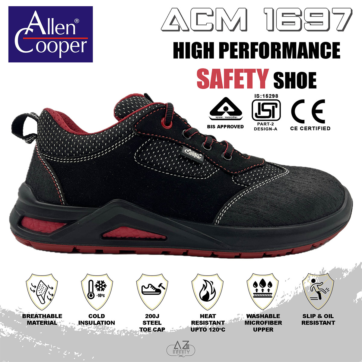 Allen Cooper 82413-ACM1697 Washable Microfiber Steel Toe Safety Shoes Black_1