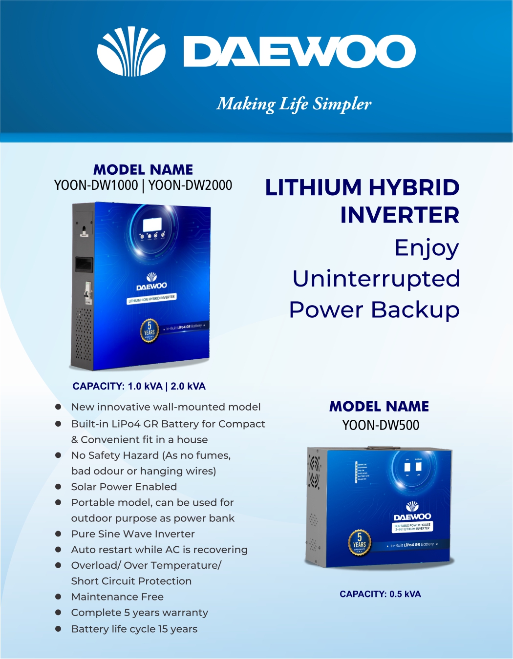 DAEWOO YOON-DW1000 Single Phase 1 kVA MPPT Hybrid Solar Inverter_1