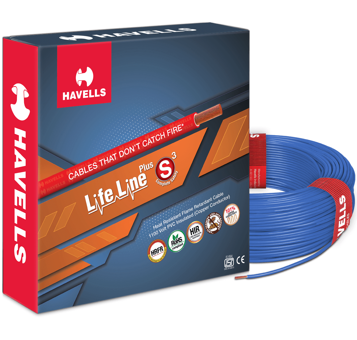 HAVELLS 2.5 sqmm Life Line Plus S3 HRFR Electric Wire Blue 90 m_0