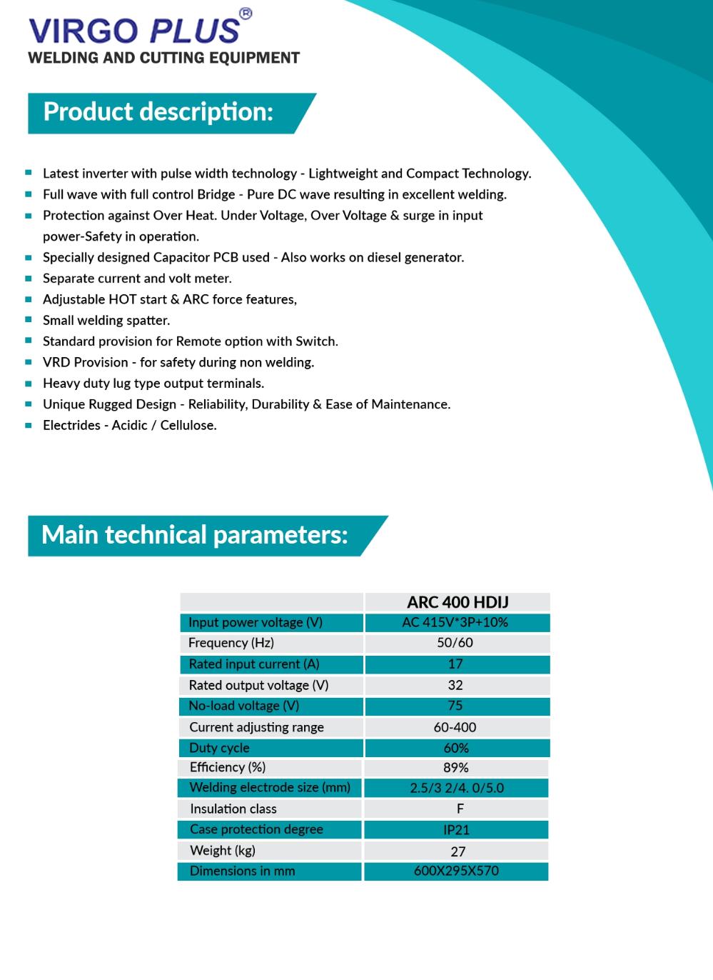 VIRGO PLUS 20 - 400 A DC MMA Welder Welding Machine ARC 400 HDIJ 415 V 17 kVA_1
