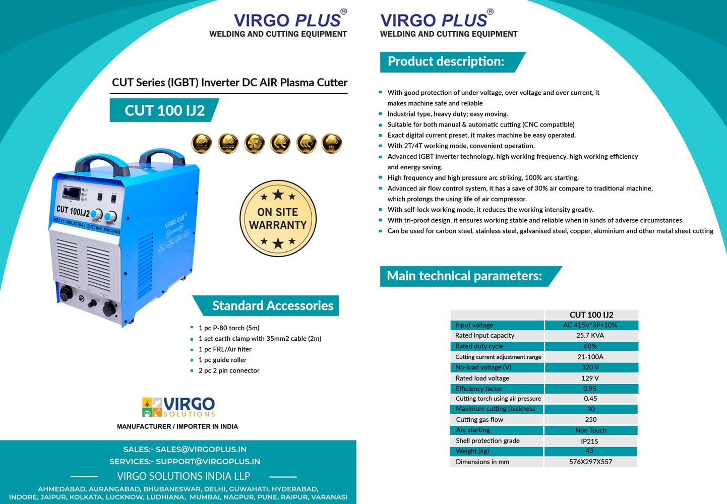 VIRGO PLUS 21-100 A Plasma Cutting Machine CUT 100IJ2 25.7 kVA 60%_1