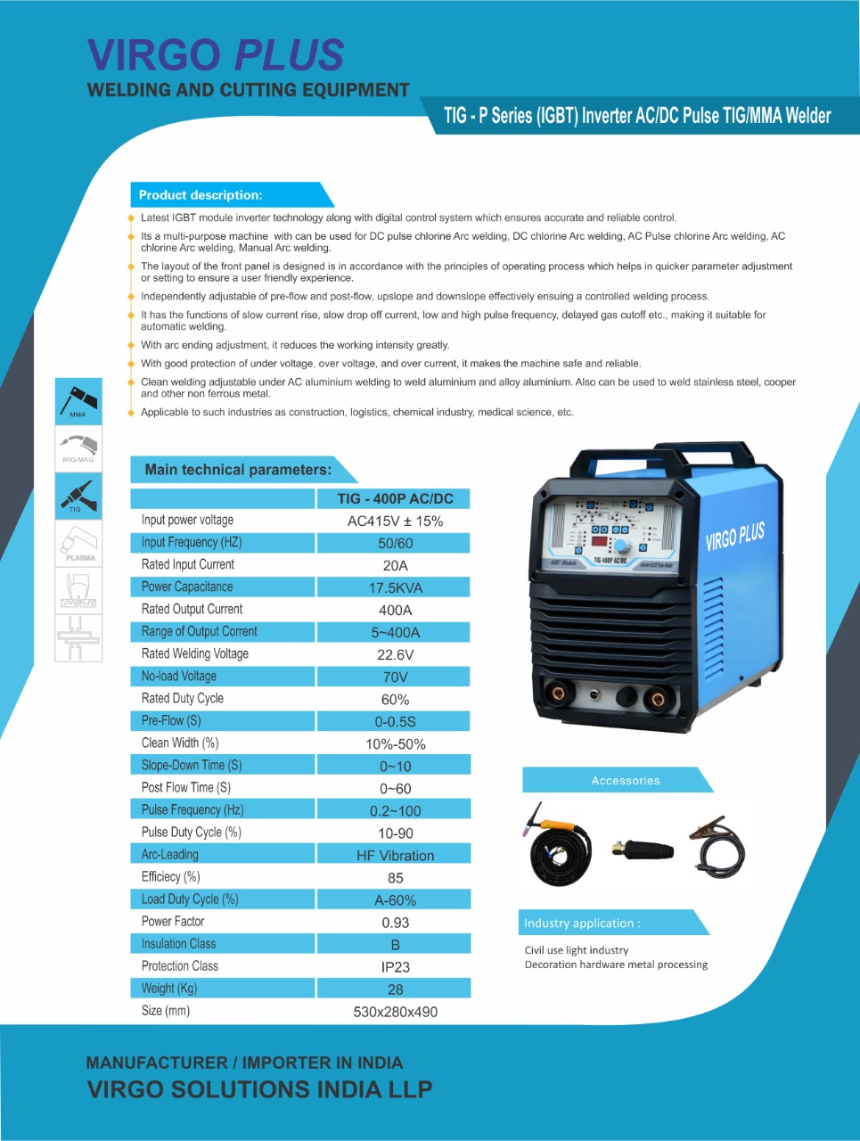 VIRGO PLUS 400 A TIG/MMA Welding Machine TIG 400P AC/DC 415 V 17.5 kVA_1