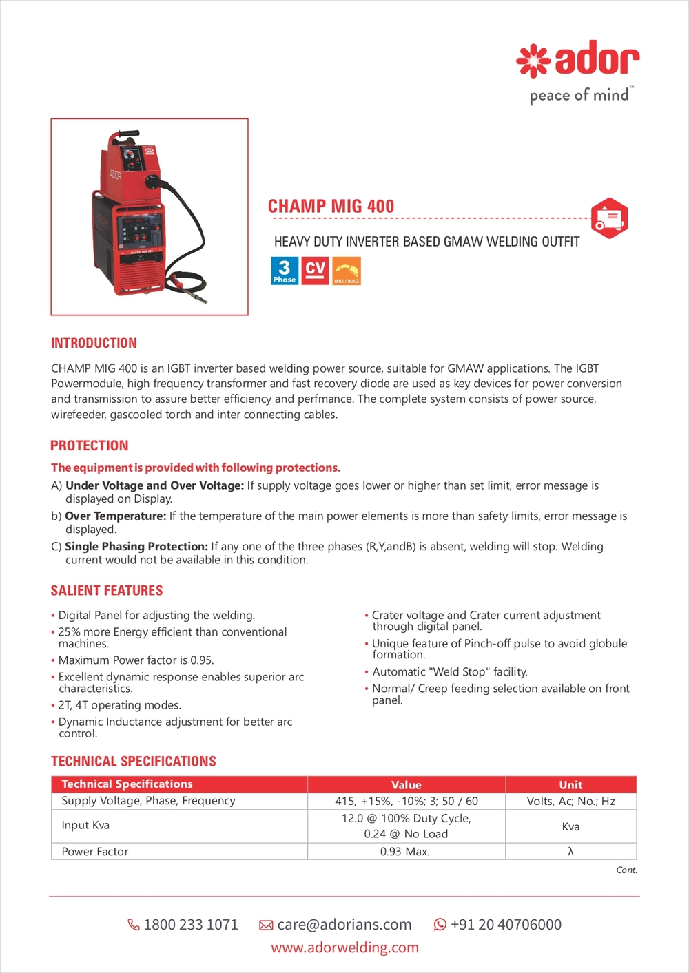 Ador 50 - 400 A GMAW Welding Machine CHAMP MIG 400 415 V 12 kVA_2