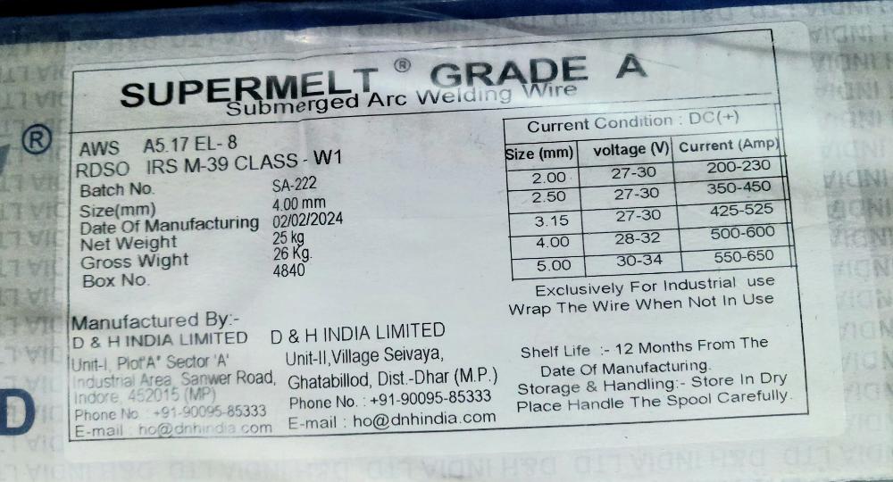 D&H India 3.15 mm Submerged Arc Welding Wire AWS SFA A5.17: EL-8 SUPERMELT-Gr A_1