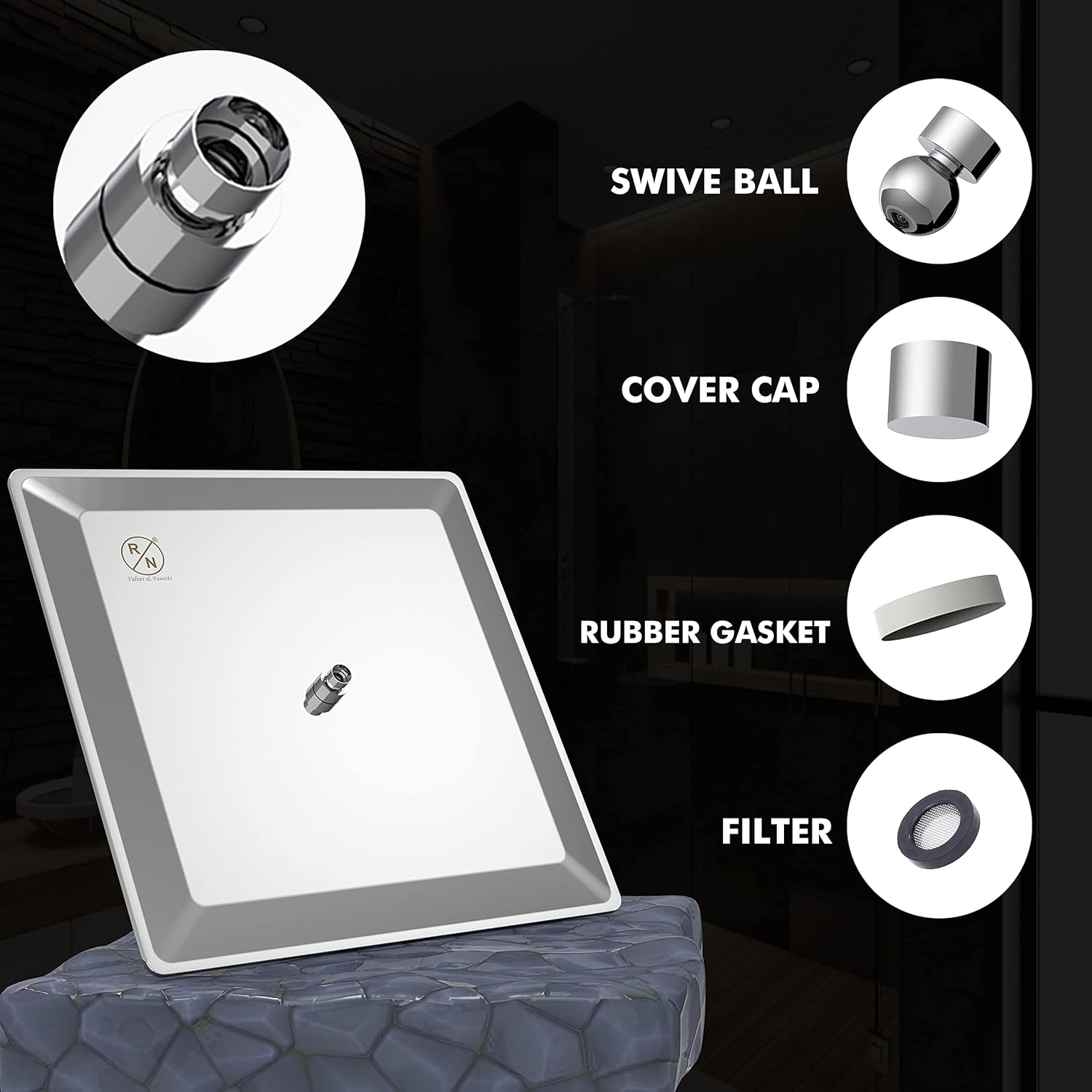 R.N. 6301 Overhead Single Flow Shower 6 x 6 inch Stainless Steel_2