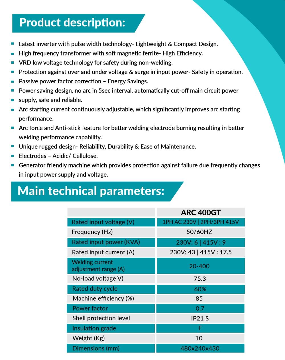 VIRGO PLUS 20 - 400 A Arc Welding Machine ARC 400GT 230 - 415 V 6/9 kVA_1
