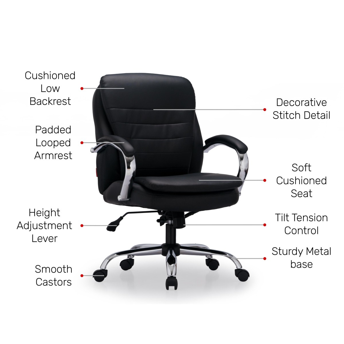 Durian Low Back Leatherette Chair Black 640 x 715 x 1050 mm Hot Pressed Plywood Office Chairs_1