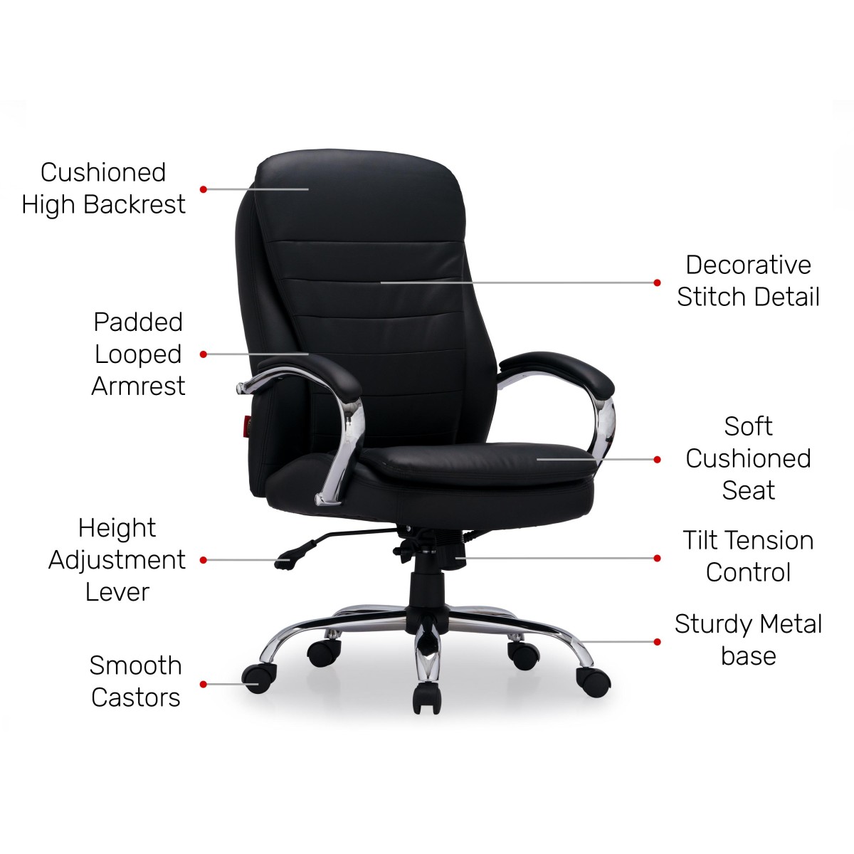 Durian High Back Leatherette Chair Black 640 x 715 x 1165 mm Hot Pressed Plywood Office Chairs_2