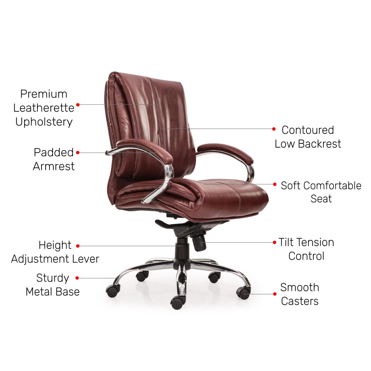 Durian Low Back Leatherette Chair Red - Burgundy 650 x 510 x 1150 mm Hot Pressed Plywood Office Chairs_2