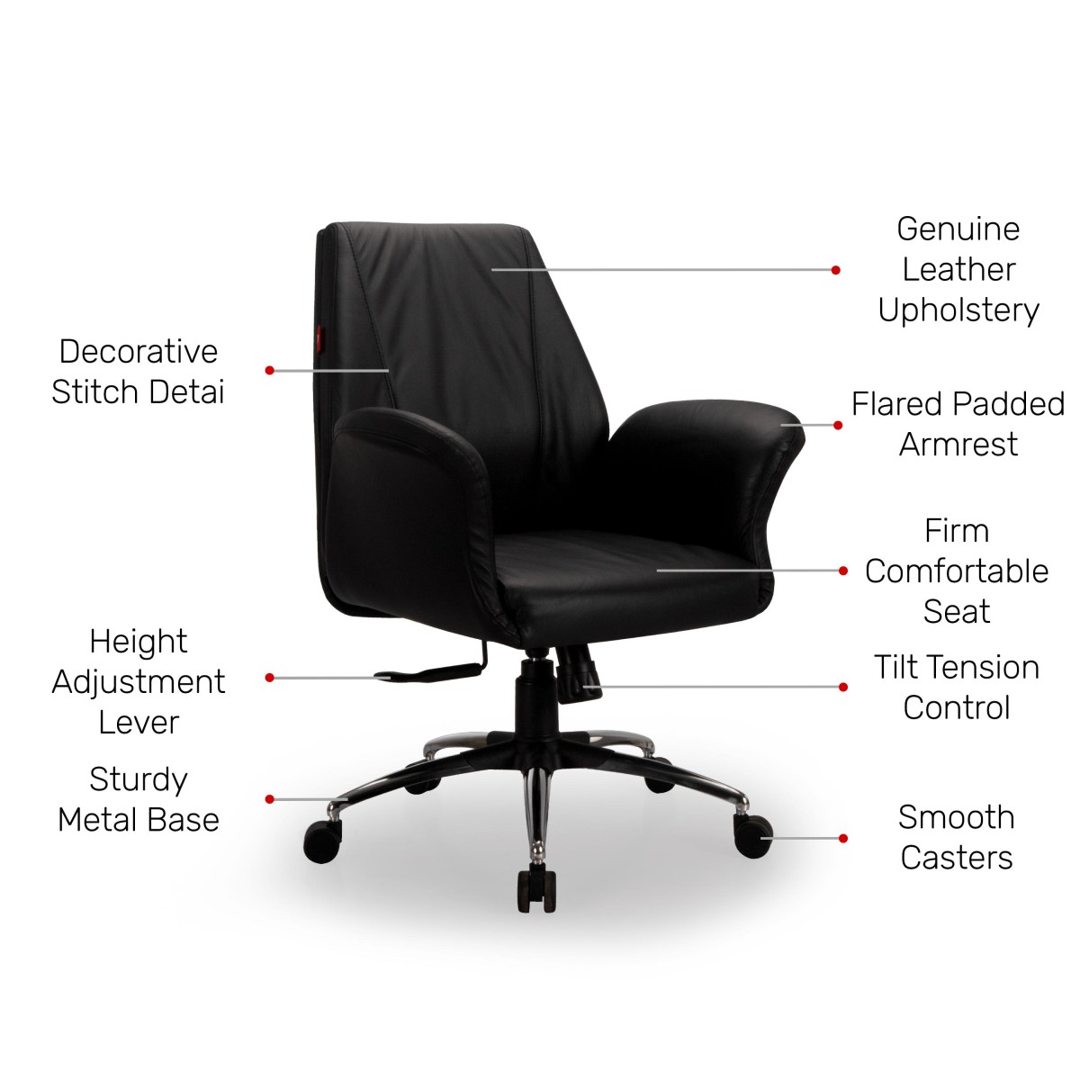 Durian Leather Medium Back Chair Black 760 x 750 x 1115 mm Hot Pressed Plywood Office Chairs_3