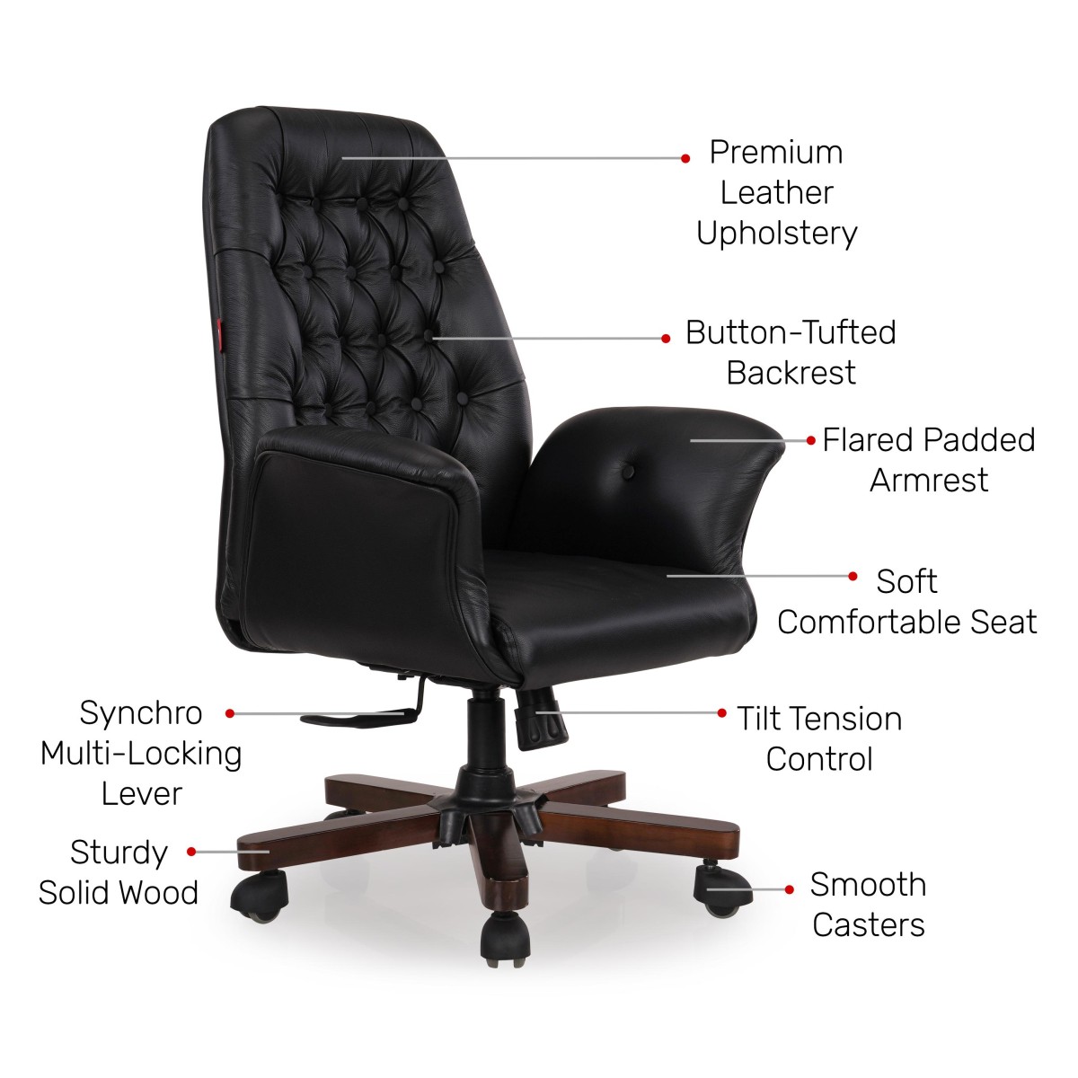 Durian Medium Back Leather Chair Black 760 x 670 x 1190 mm Hot Pressed Plywood Office Chairs_3