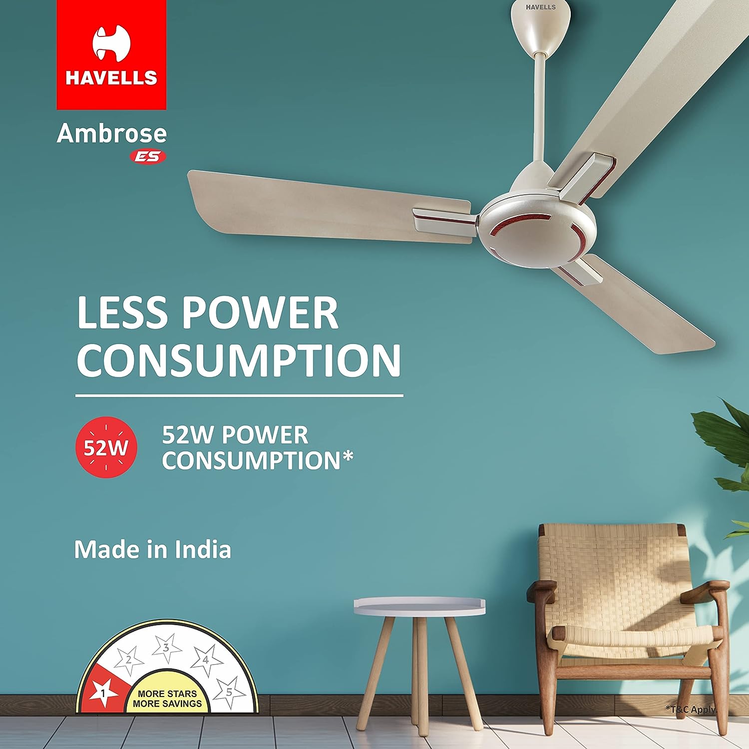 HAVELLS Ambrose ES 1200 mm 3 Blades 52 W Gold Mist Wood Ceiling Fans_1