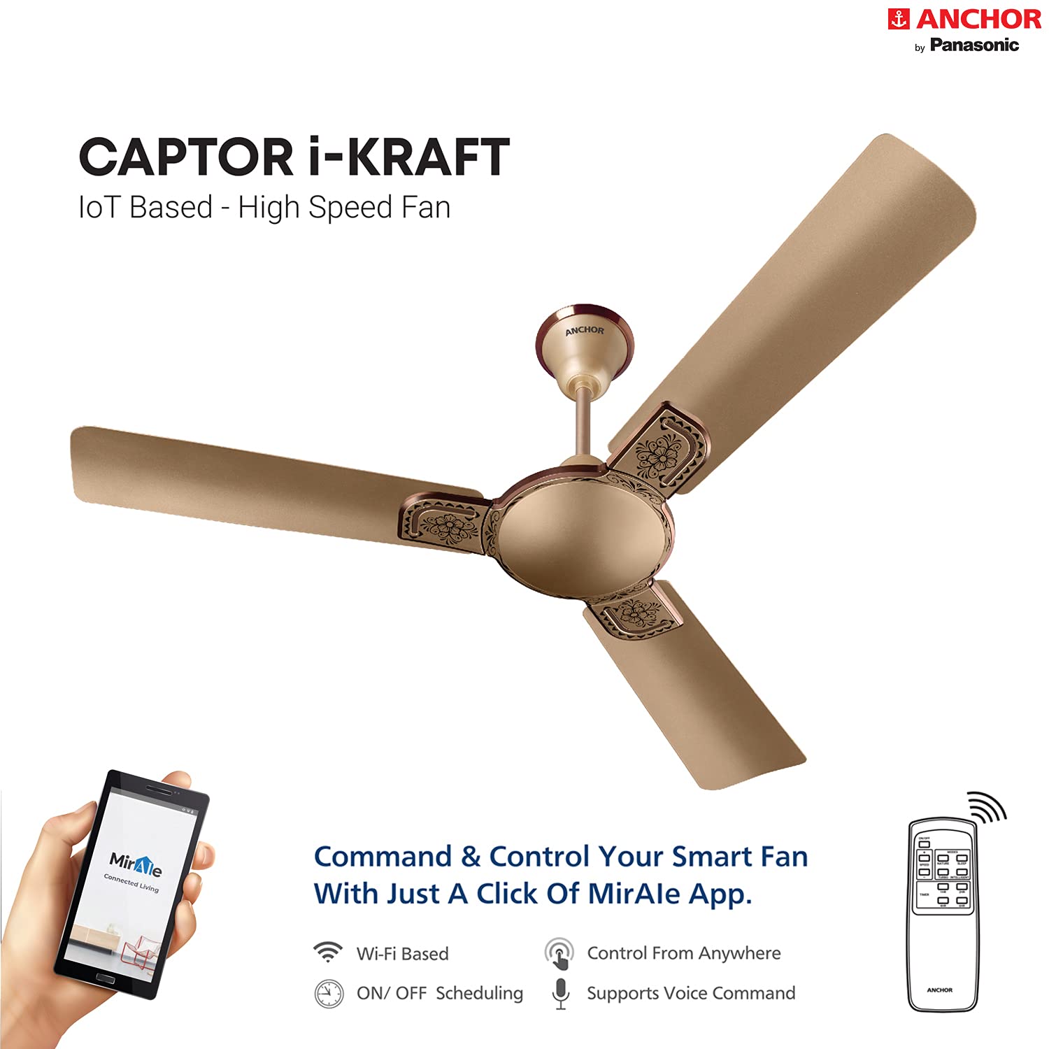 ANCHOR Captor i-Kraft Star 1200 mm 3 Blades 53 W Honey Gold Briken Ceiling Fans_1