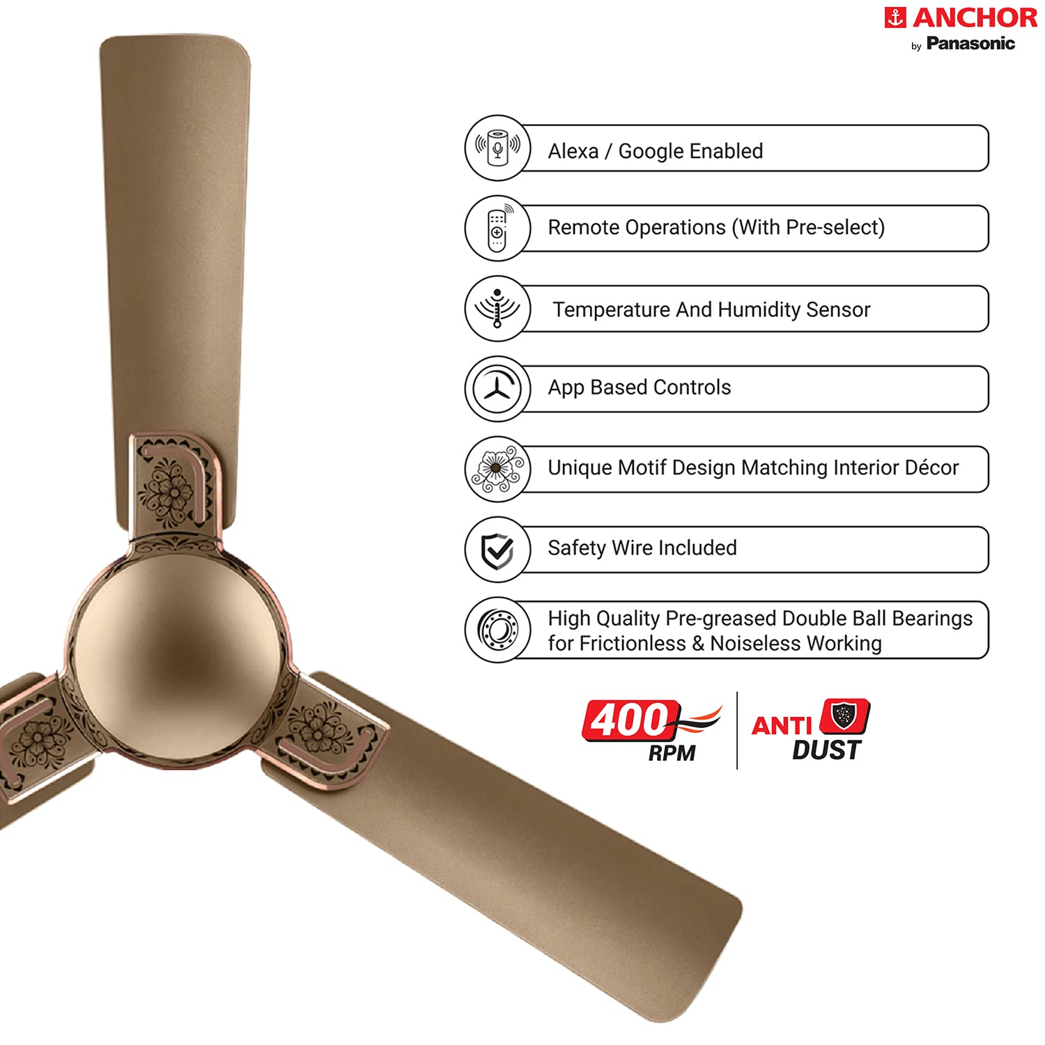 ANCHOR Captor i-Kraft Star 1200 mm 3 Blades 53 W Honey Gold Briken Ceiling Fans_2