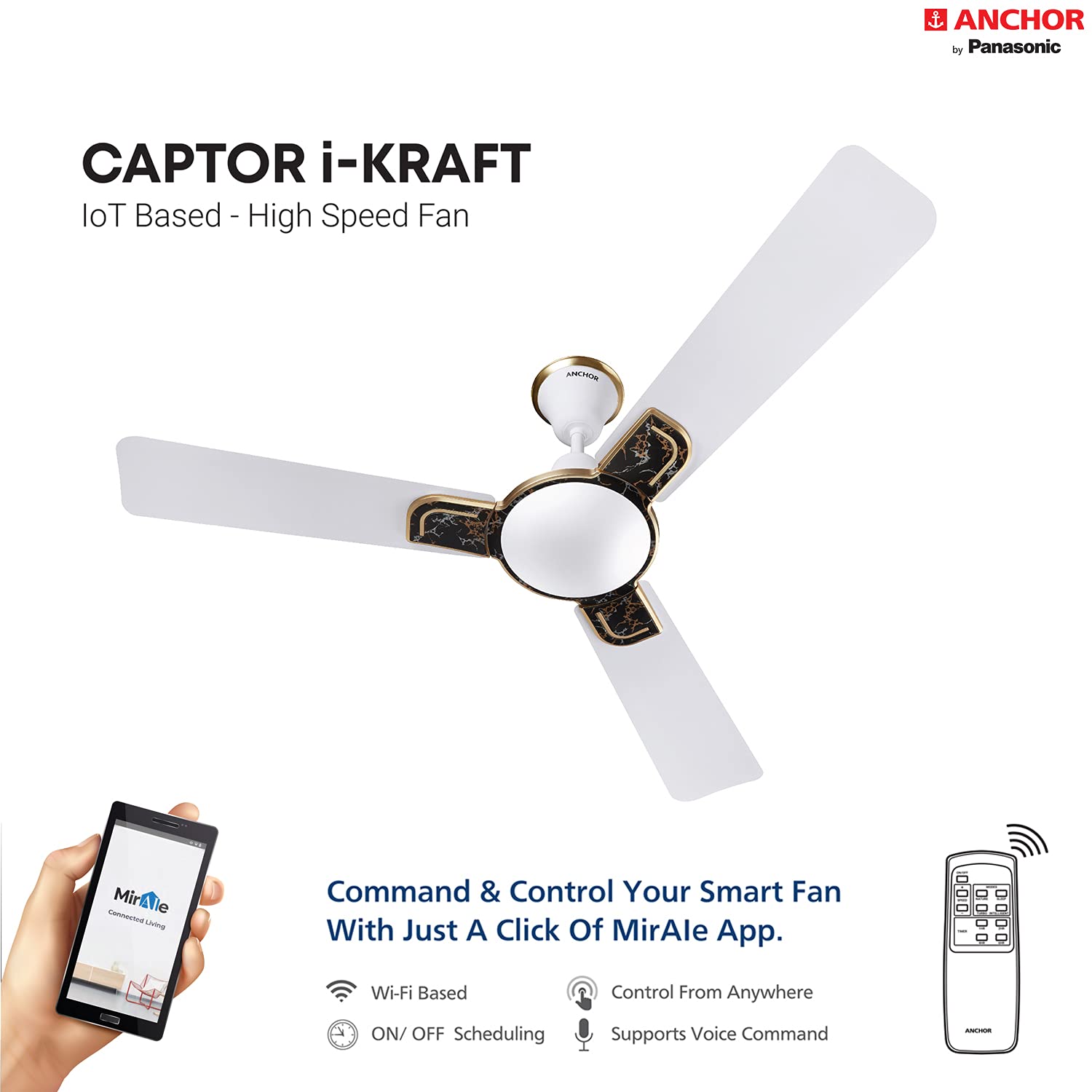 ANCHOR Captor i-Kraft Star 1200 mm 3 Blades 53 W White Inky Gold Ceiling Fans_1