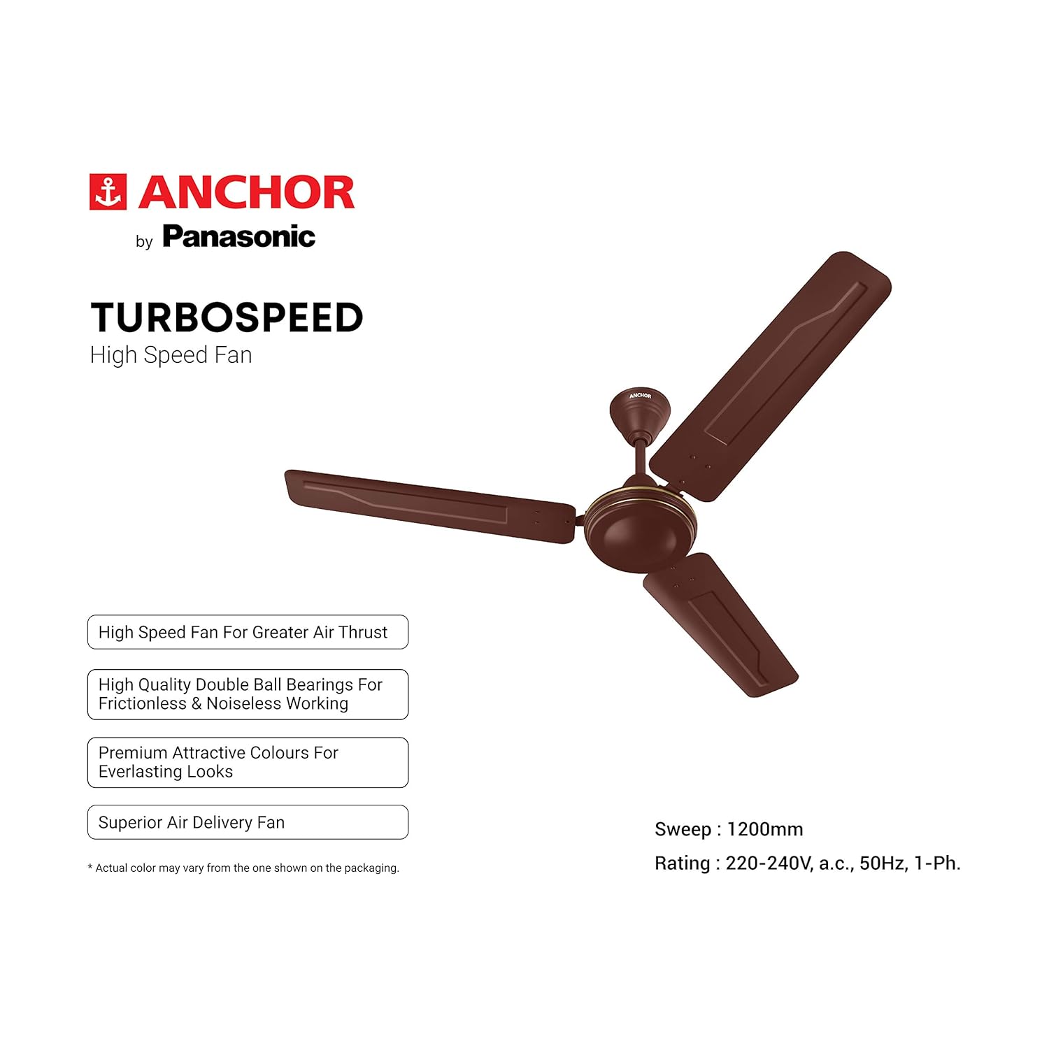 ANCHOR Turbospeed 1200 mm 3 Blades 75 W Matt Brown Ceiling Fans_2