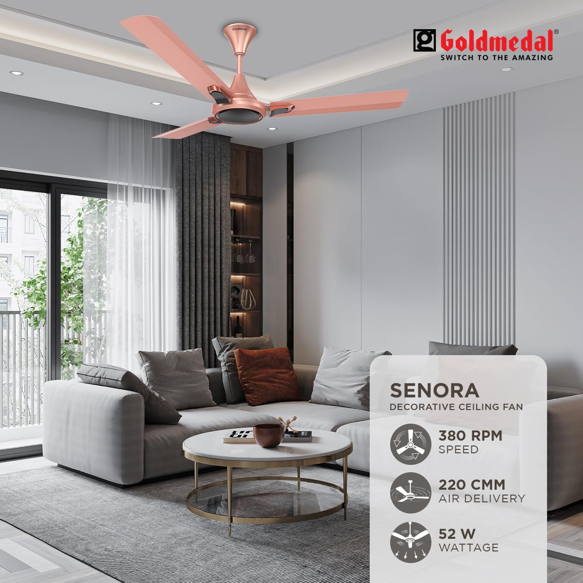 Goldmedal Senora 1200 mm 3 Blades 52 W Rose Gold Ceiling Fans_2