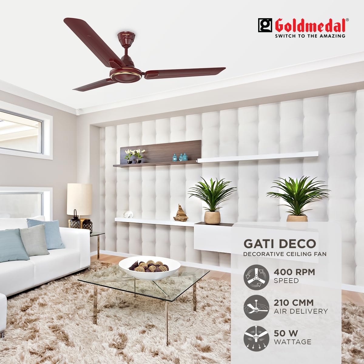Goldmedal Gati Deco 1200 mm 3 Blades 50 W Brown Ceiling Fans_2