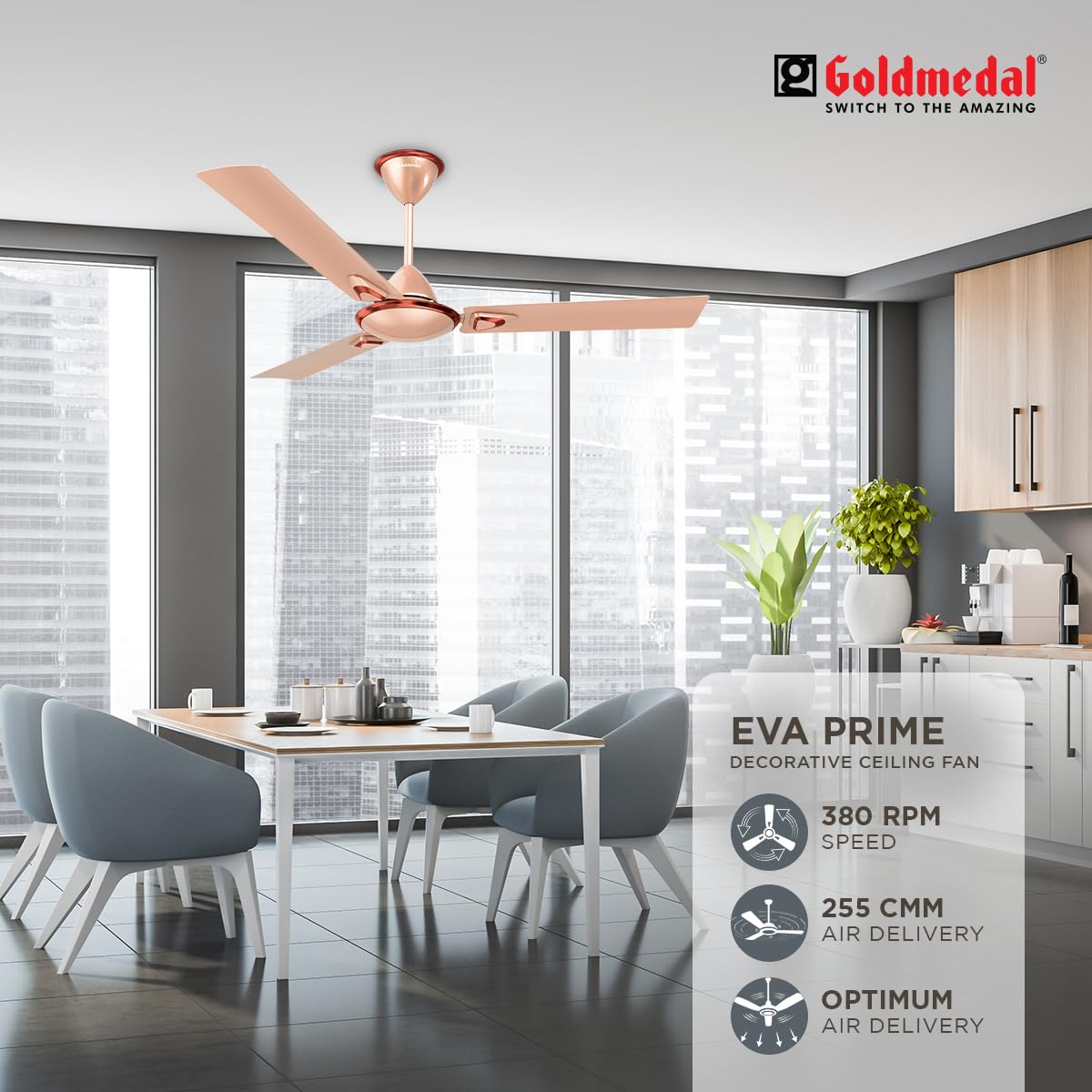 Goldmedal Eva Prime 1200 mm 3 Blades 52 W Rose Gold Ceiling Fans_2