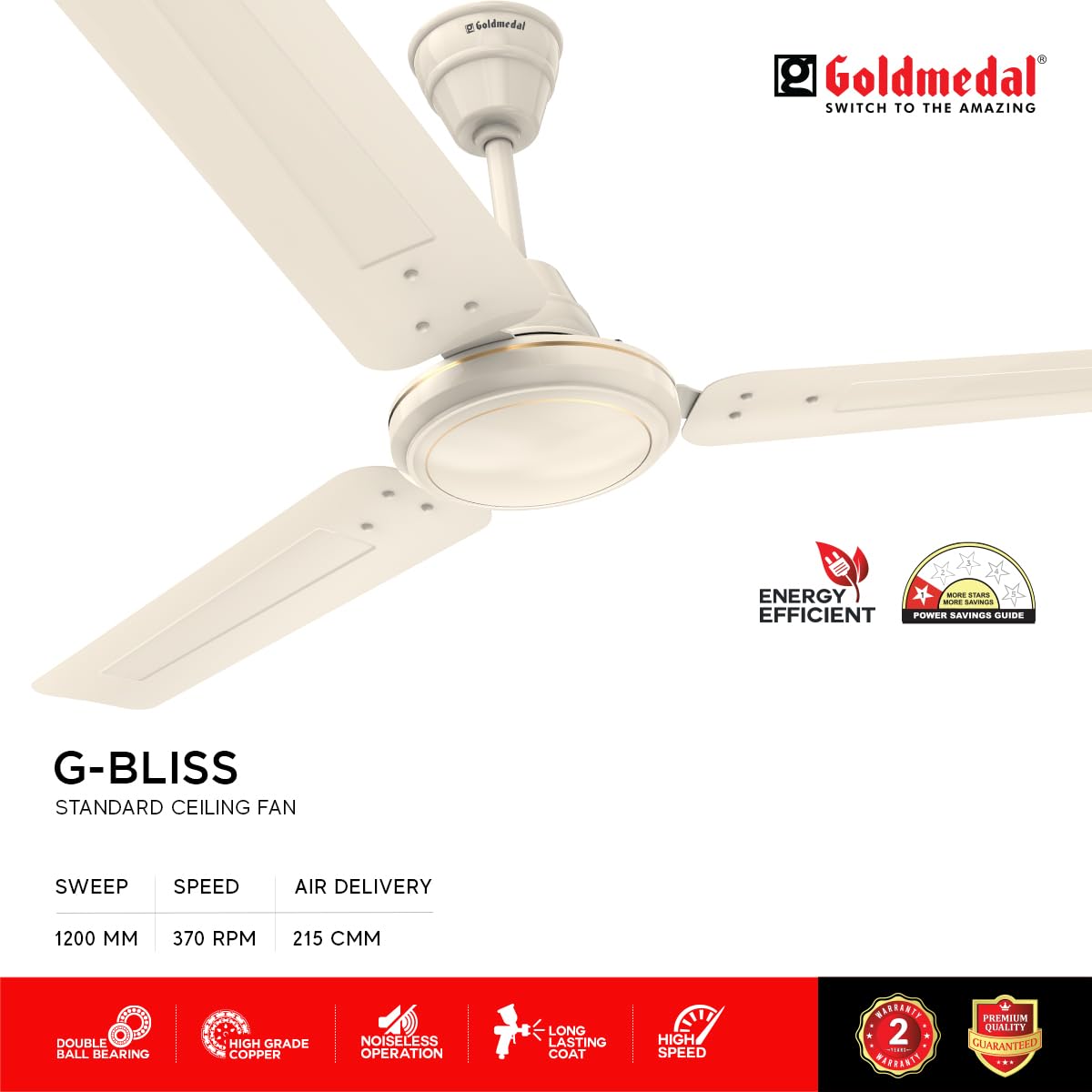 Goldmedal G-Bliss 1200 mm 3 Blades 52 W Ivory Ceiling Fans_1