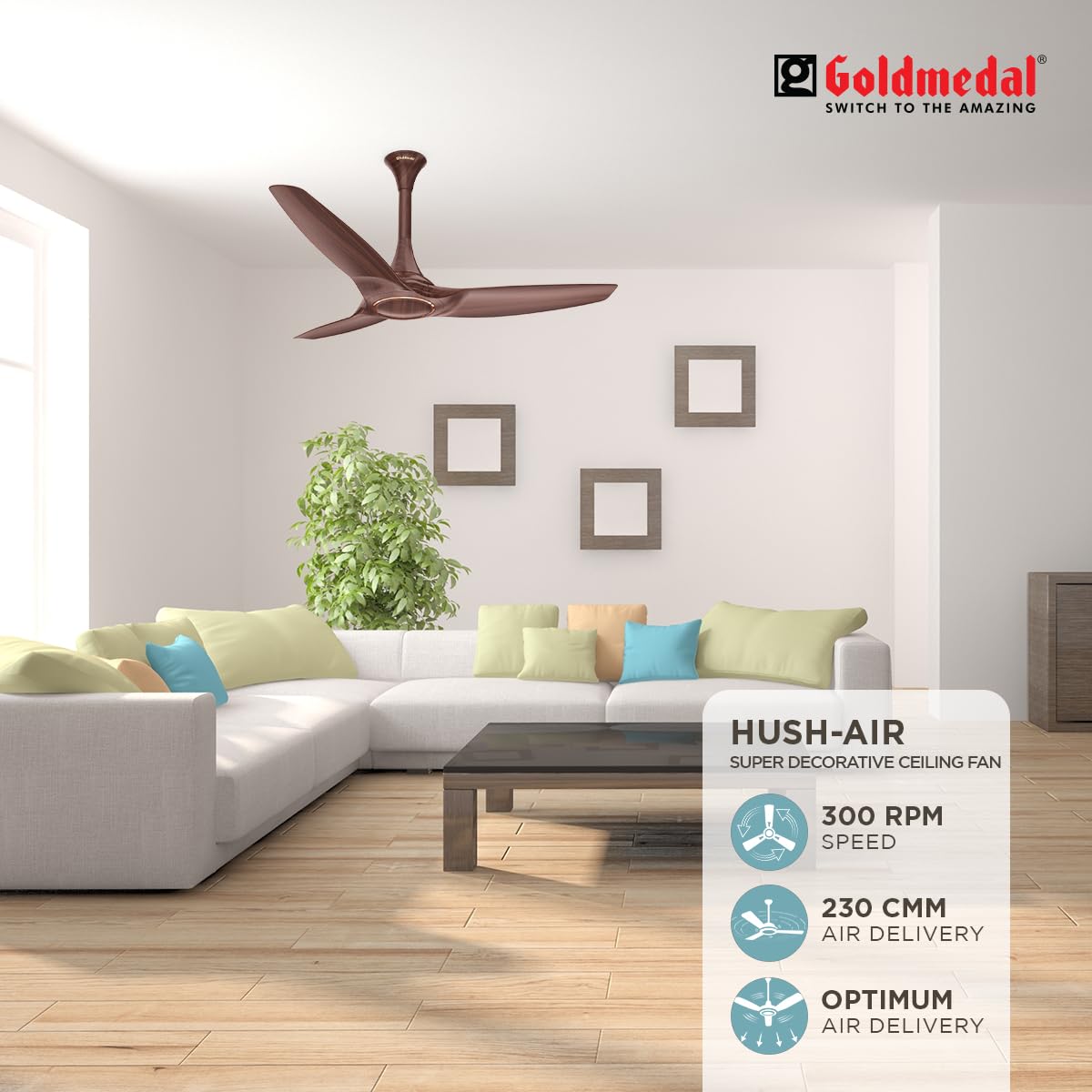 Goldmedal Hush-Air 1200 mm 3 Blades 53 W American Walnut Ceiling Fans_2