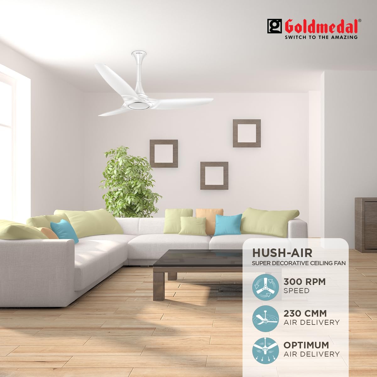 Goldmedal Hush-Air 1200 mm 3 Blades 53 W Satin White Ceiling Fans_2