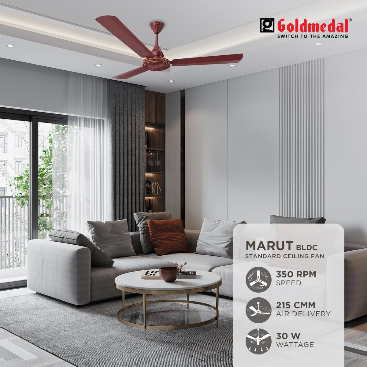 Goldmedal Marut BLDC 1200 mm 3 Blades 30 W Brown Ceiling Fans_2