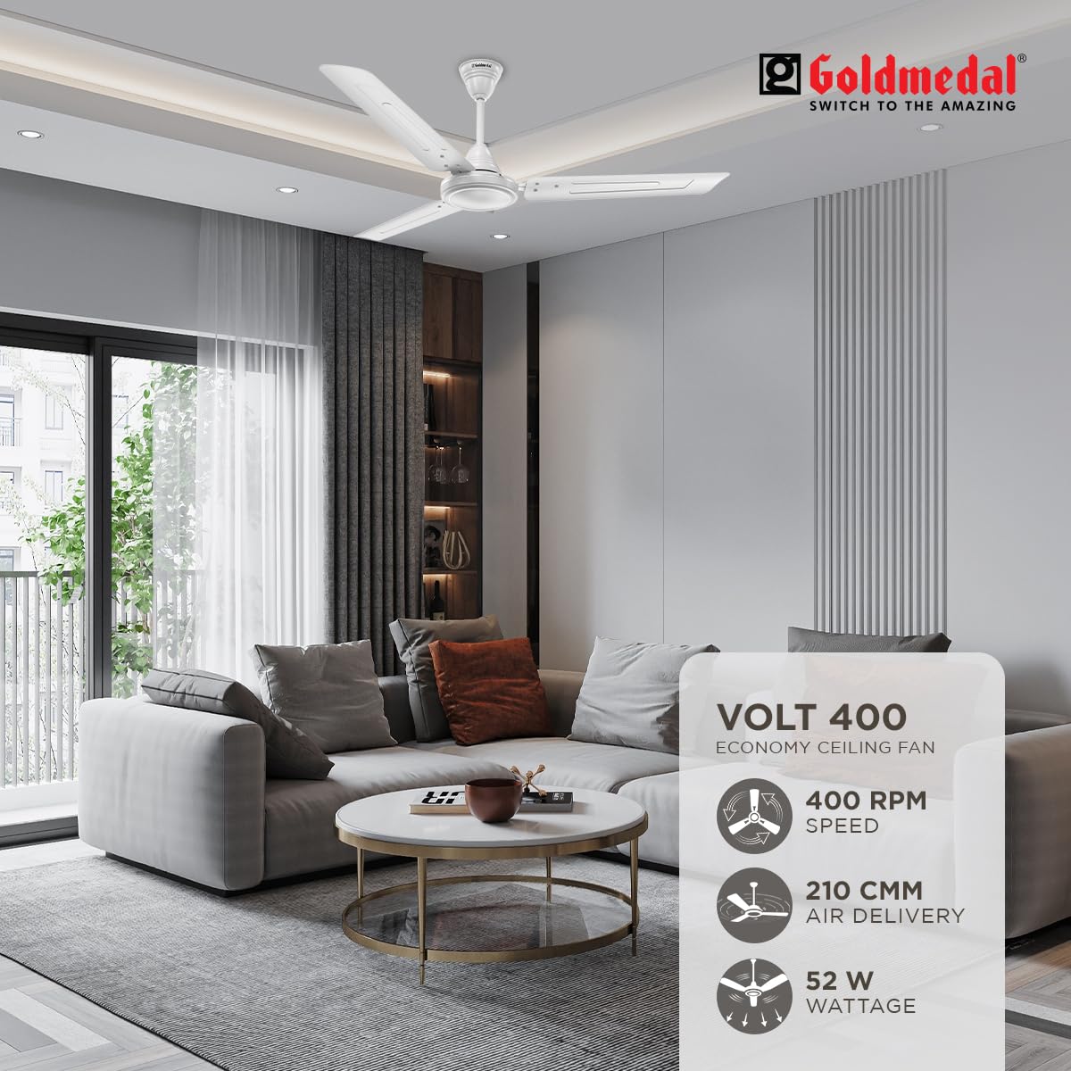Goldmedal Volt 400 1200 mm 3 Blades 52 W White Ceiling Fans_2