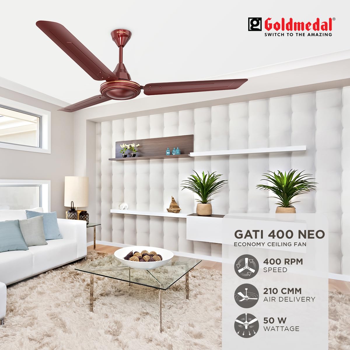Goldmedal Gati 400 Neo 1200 mm 3 Blades 50 W Brown Ceiling Fans_2