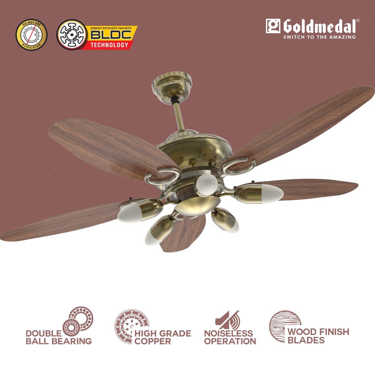 Goldmedal Daisy BLDC 1200 mm 5 Blades 40 W Antique Brass Dark Wood Ceiling Fans_3