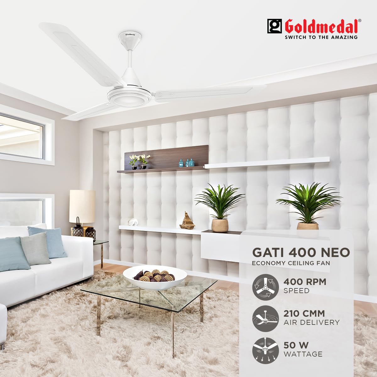 Goldmedal Gati 400 Neo 1200 mm 3 Blades 50 W White Ceiling Fans_2