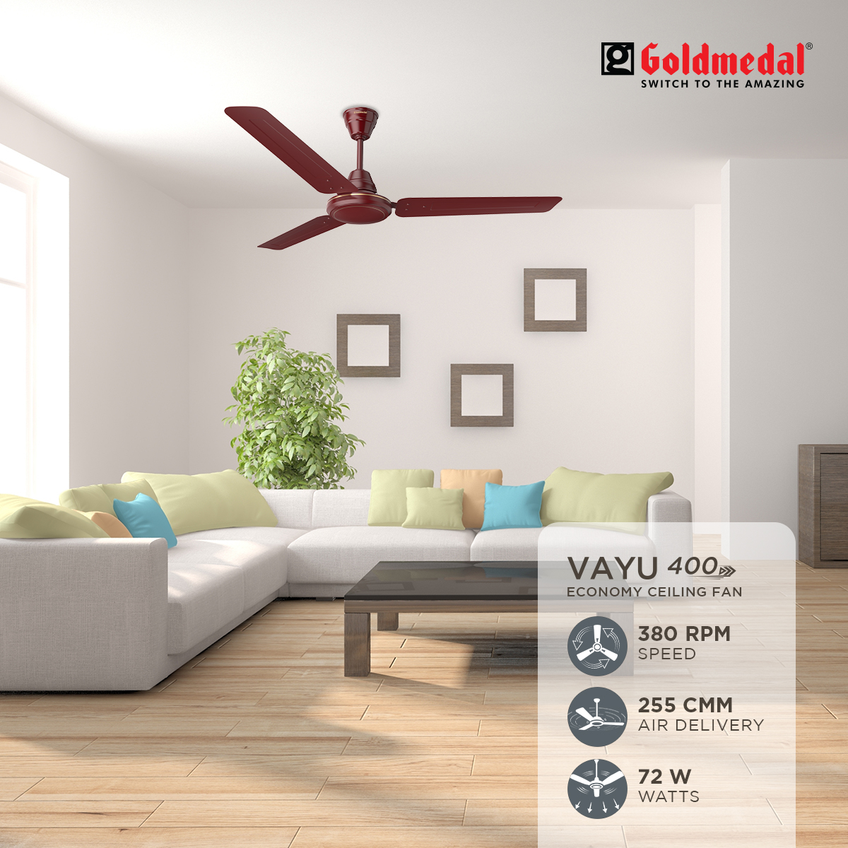 Goldmedal Vayu 1200 mm 3 Blades 72 W Brown Ceiling Fans_2