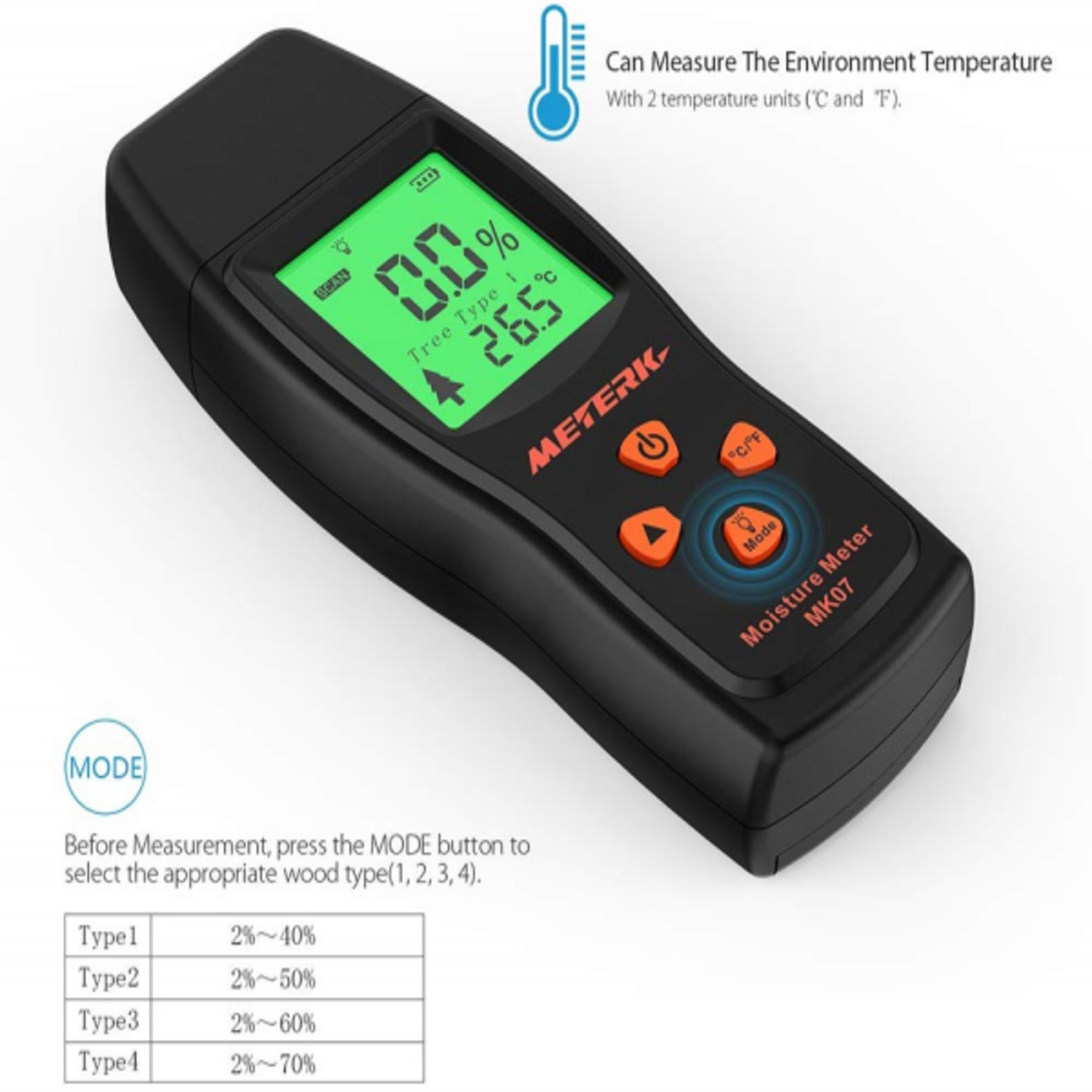 METERK Digital Moisture Meter 2% to 70% Wood / Paper_2