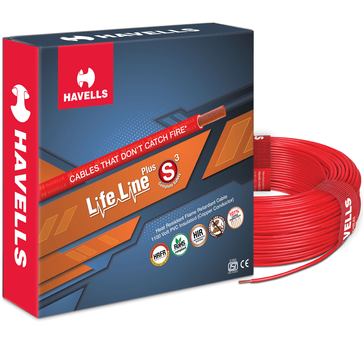 HAVELLS 4 sqmm Life Line Plus S3 HRFR Electric Wire Red 90 m_0