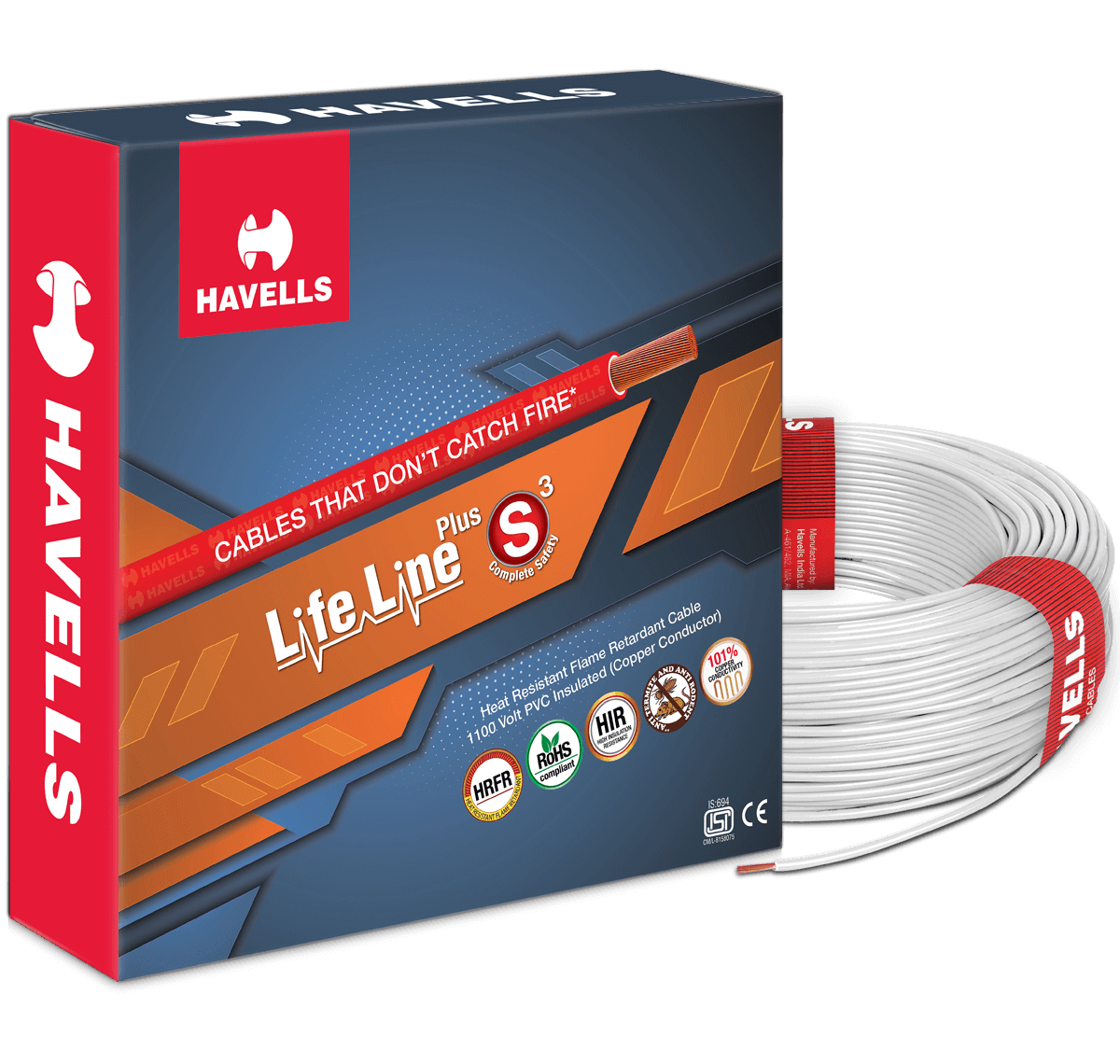 HAVELLS 1.5 sqmm Life Line Plus S3 HRFR Electric Wire White 90 m_0