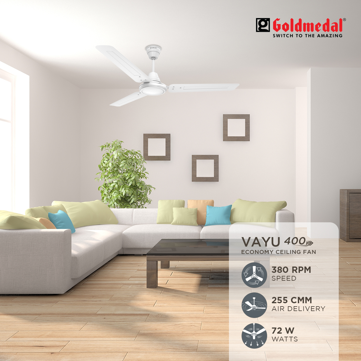 Goldmedal Vayu 1200 mm 3 Blades 72 W White Ceiling Fans_2