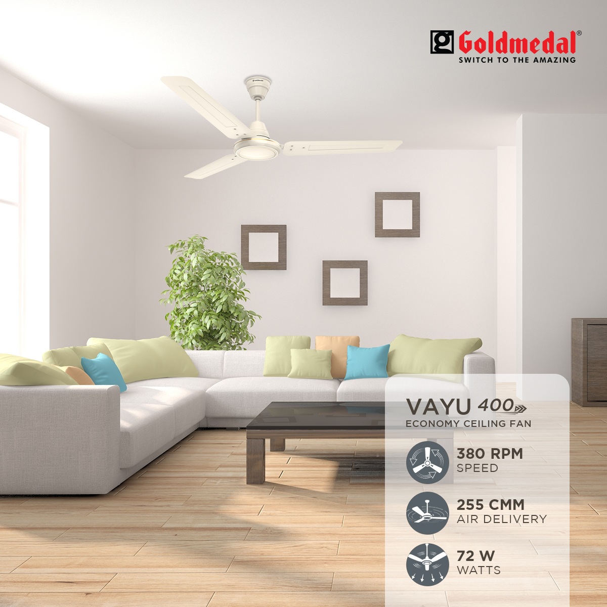 Goldmedal Vayu 1200 mm 3 Blades 72 W Ivory Ceiling Fans_2