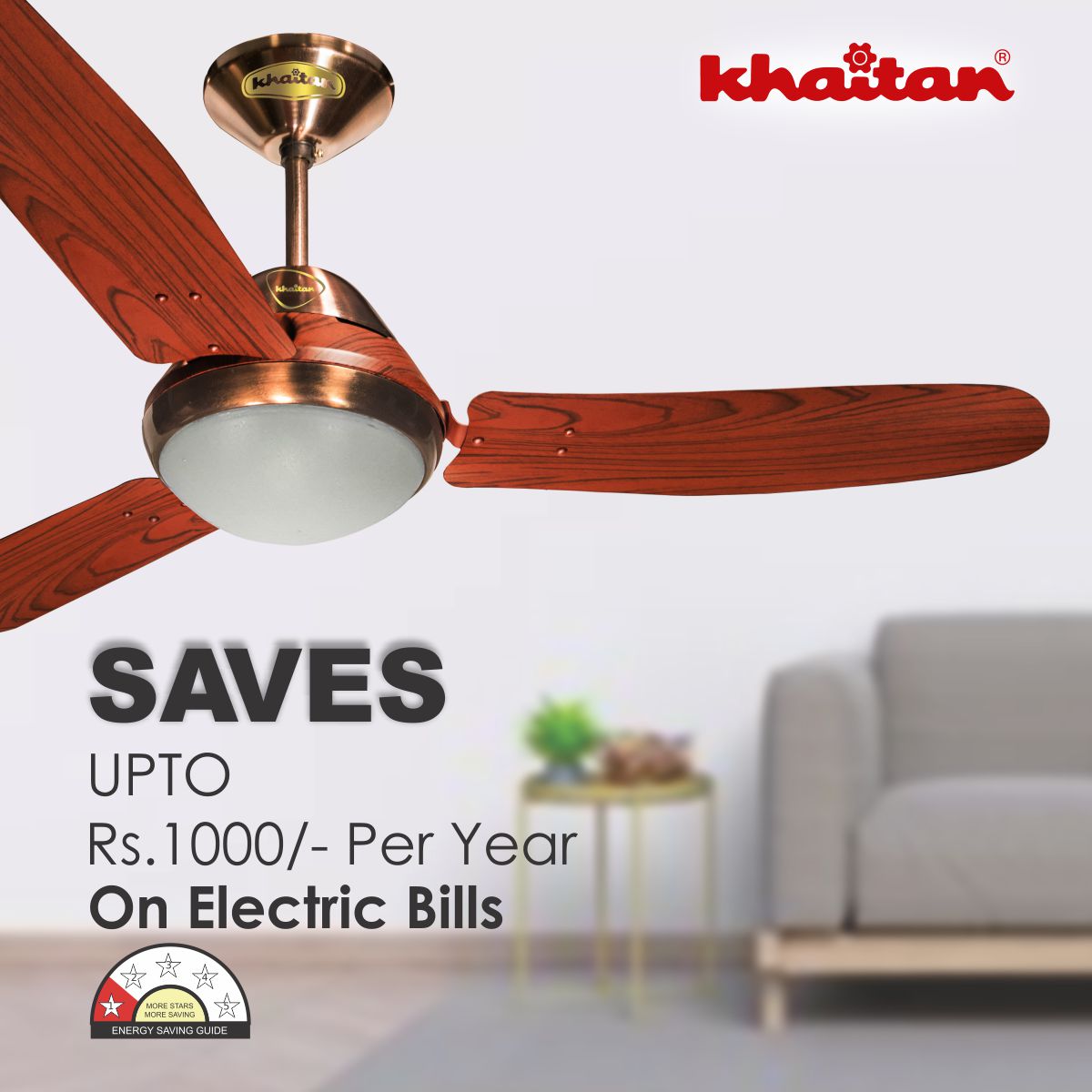 Khaitan Standard 1200 mm 3 Blades 55 W Brown Ceiling Fans_3