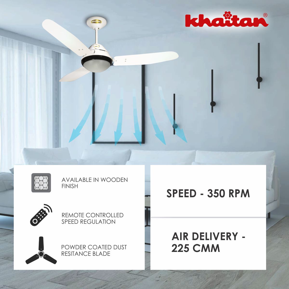 Khaitan Standard 1200 mm 3 Blades 55 W White Ceiling Fans_1