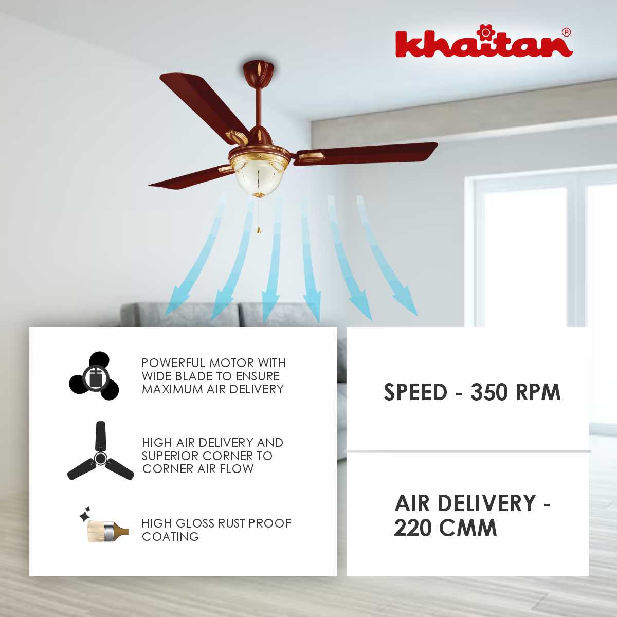 Khaitan Standard 1200 mm 3 Blades 55 W Brown Ceiling Fans_1